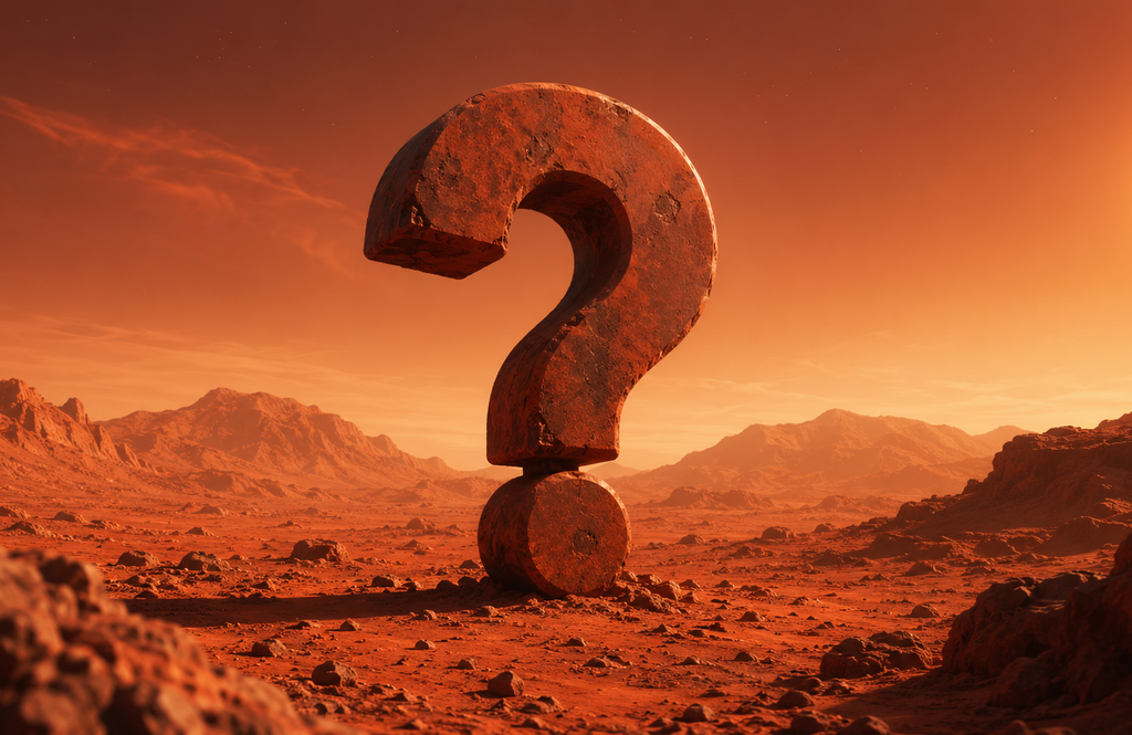 A large rusted metal question mark sculpture stands in a rocky desert landscape under an orange-red sky with a bright sun in the upper right.