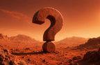 A large rusted metal question mark sculpture stands in a rocky desert landscape under an orange-red sky with a bright sun in the upper right.