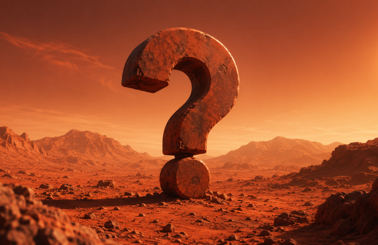 A large rusted metal question mark sculpture stands in a rocky desert landscape under an orange-red sky with a bright sun in the upper right.