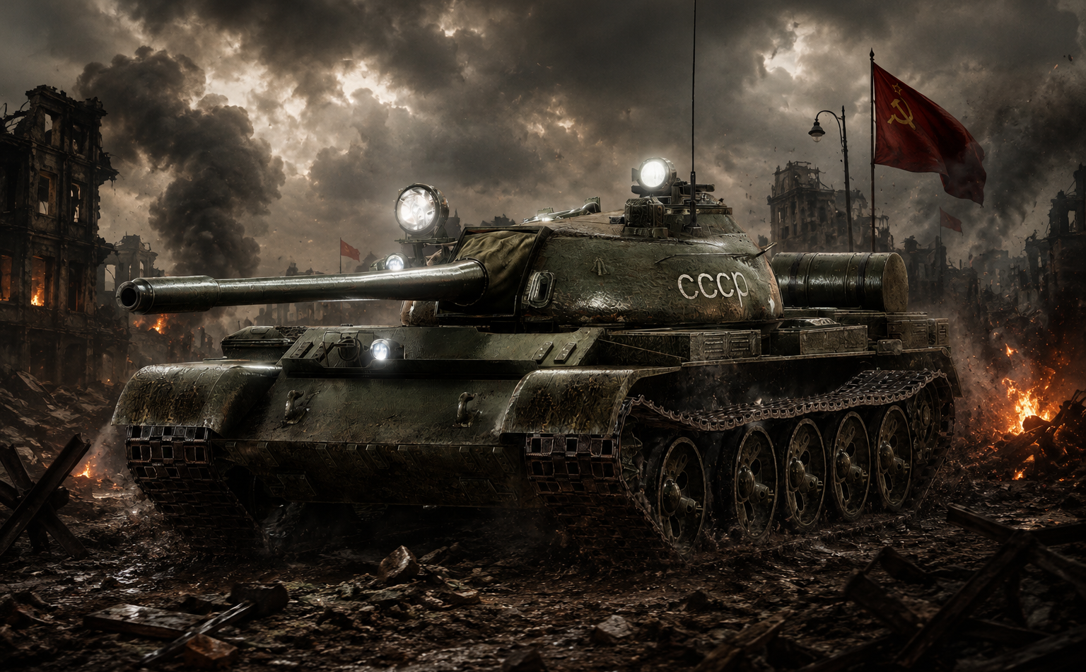 A dark military tank with 'CCCP' lettering advances through a devastated war-torn city under a smoky sky, with a red flag flying above and flames and rubble around it.