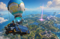 A blue and white Battle Bus parachute drop from Fortnite, flying over a lush green island with blue water and a glowing pink portal in the distance.