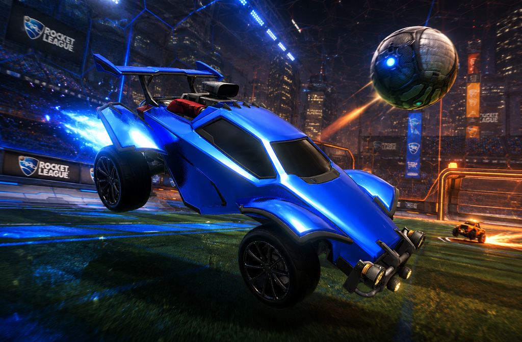 A bright blue Rocket League soccer vehicle flying over a grassy field in a futuristic arena, with a soccer ball in the air and stadium lights in the background.
