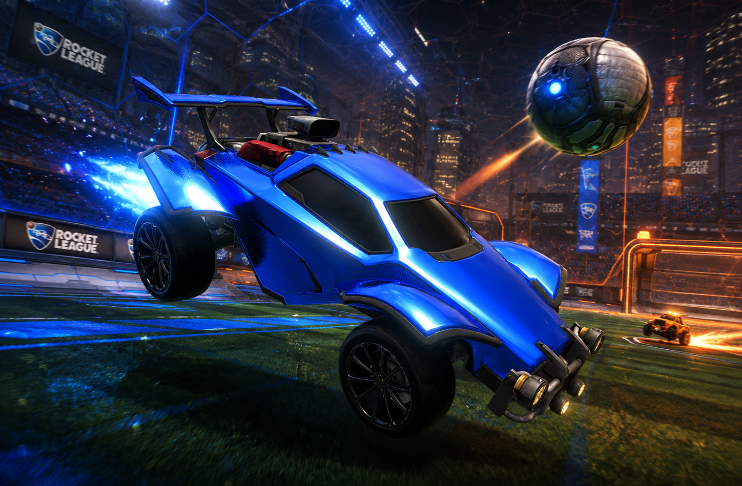 A bright blue Rocket League soccer vehicle flying over a grassy field in a futuristic arena, with a soccer ball in the air and stadium lights in the background.