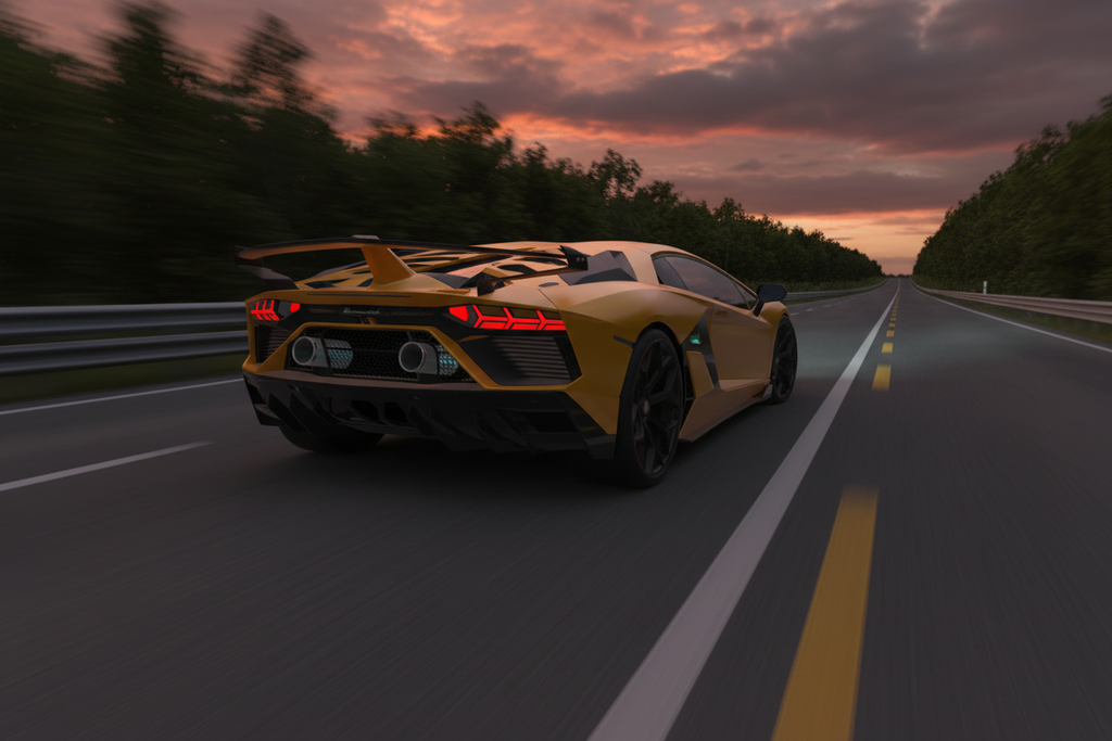 A low-poly 3D render of a yellow sports car with black decals, shown from a rear three-quarter angle against a dark gray background with orange lighting on the left.