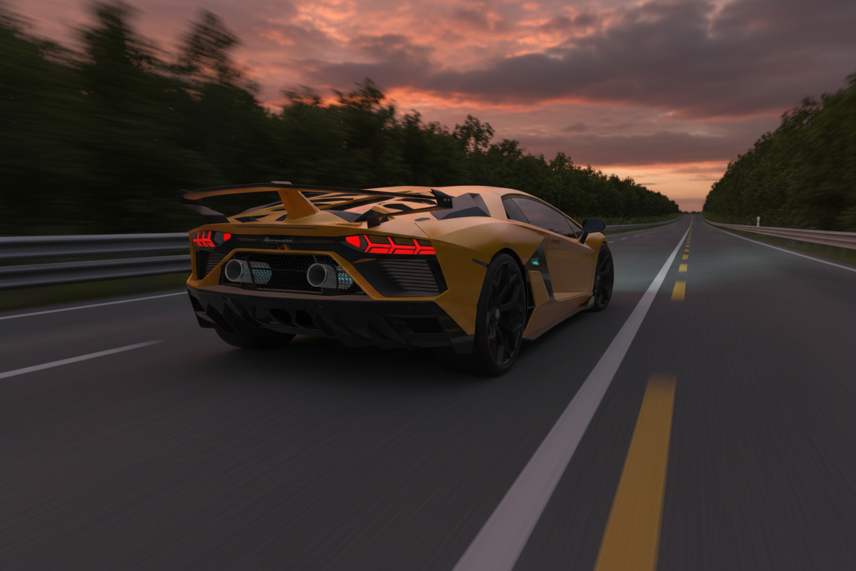 A low-poly 3D render of a yellow sports car with black decals, shown from a rear three-quarter angle against a dark gray background with orange lighting on the left.