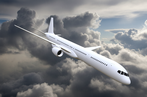 A white commercial airplane shown in side profile against a smooth gray gradient background.