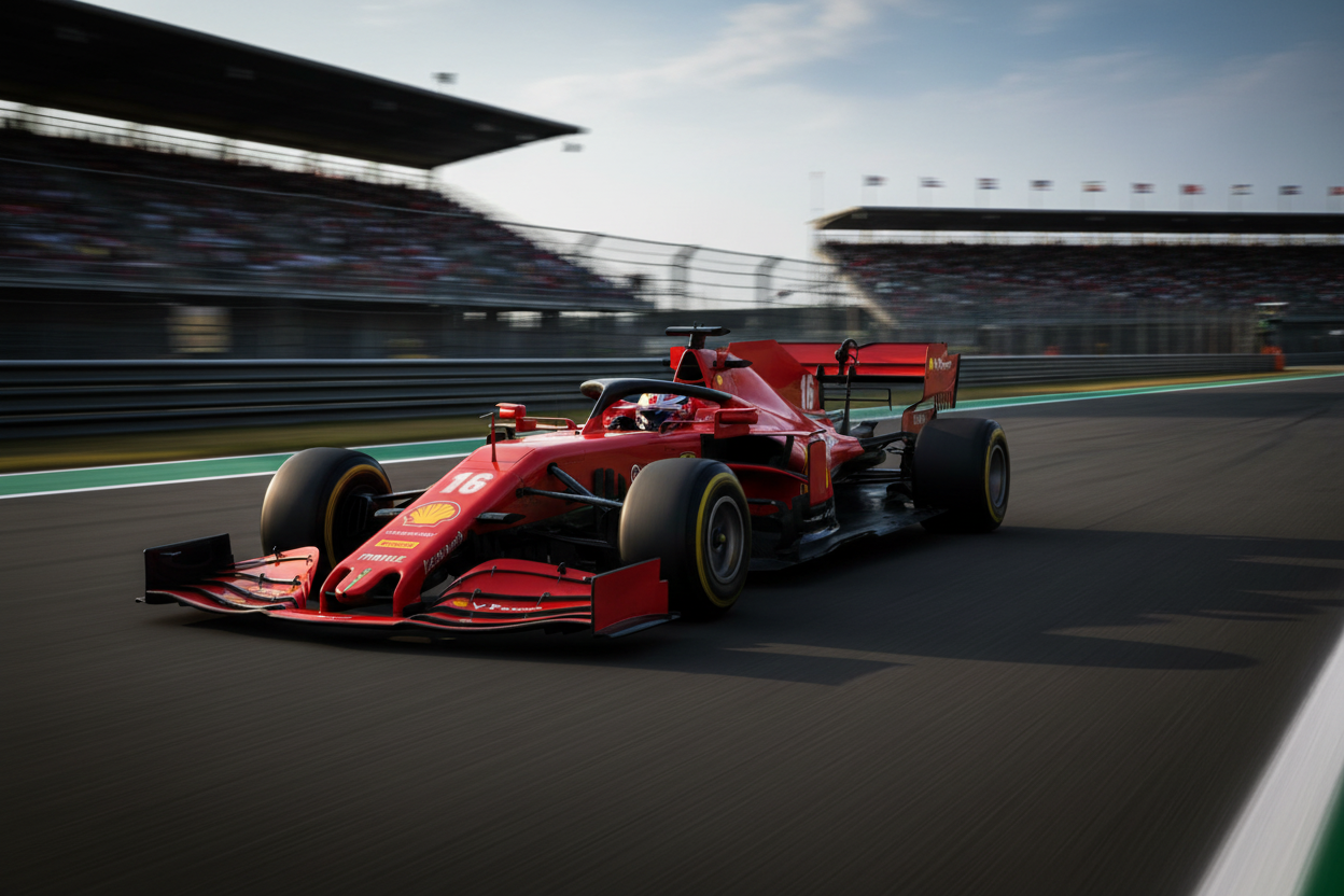 A red Ferrari Formula 1 race car with yellow Pirelli tires, shown from a three-quarters front angle on a light gray background.